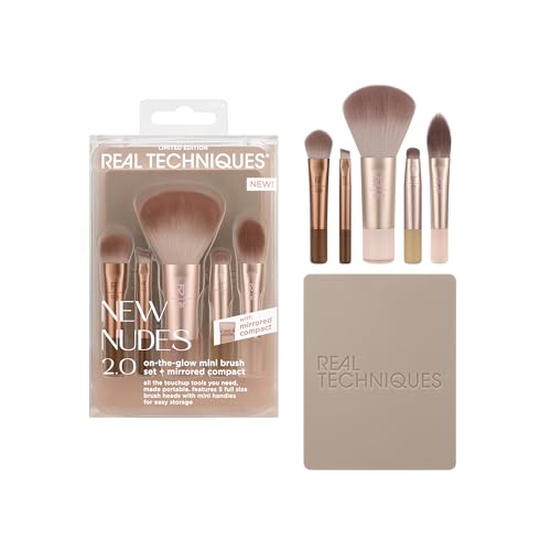 Real Techniques Mini Brush Set with Mirror - 6-Piece Travel Makeup Kit, Nudes