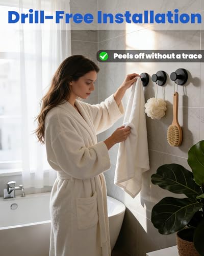 Suction Cup Hooks for Shower - Black Adhesive Towel Hooks, 4 Pack