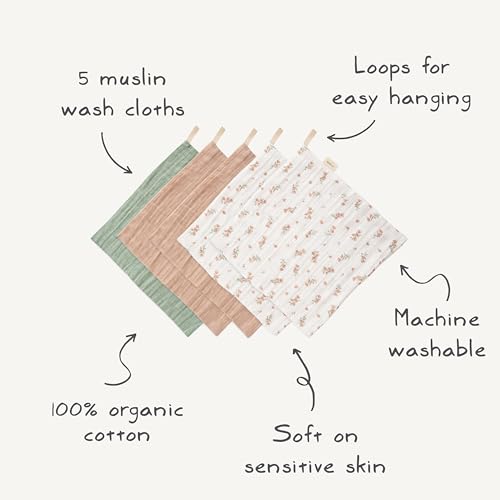 mushie Organic Cotton Muslin Washcloths, 5-Pack - Retro Flowers