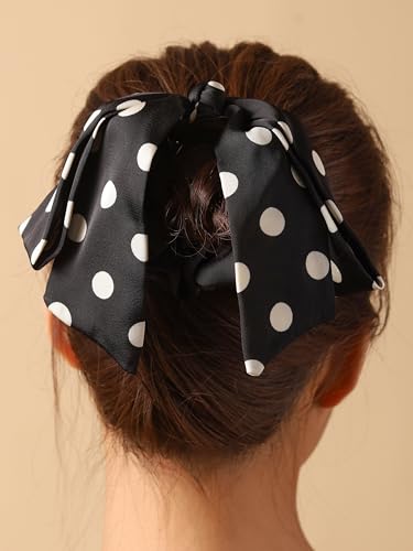 MINACHI Polka Dot Bow Tail Scrunchie - Black Satin Hair Tie TIES.016