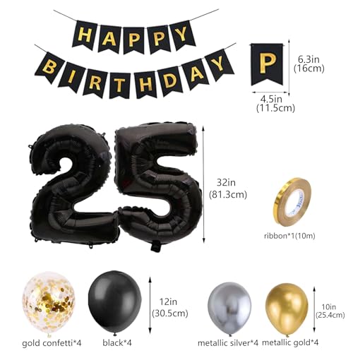 25th Birthday Decorations Set for Men - Black, Gold & Silver Balloons