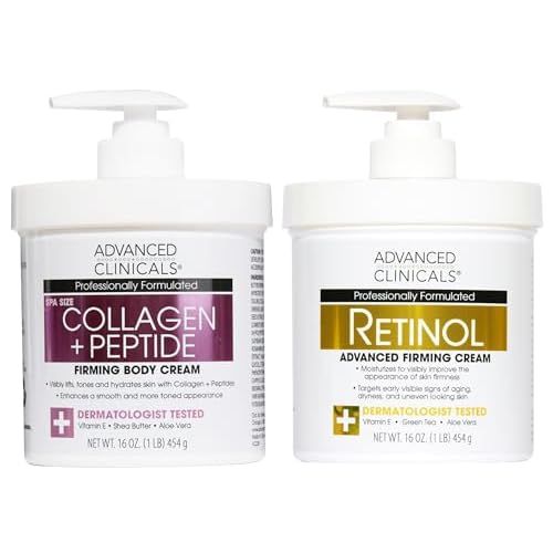 Advanced Clinicals Retinol Cream + Collagen Peptides Body Moisturizer & Face Lotion 2PC Skin Care Set | Dry Skin Body Lotion For Women & Men To Help Improve Appearance Of Crepey Skin, 2PC Bundle