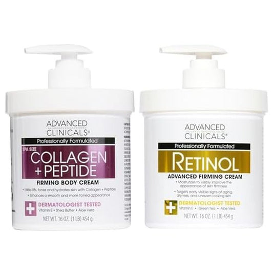 Advanced Clinicals Retinol Cream + Collagen Peptides Body Moisturizer & Face Lotion 2PC Skin Care Set | Dry Skin Body Lotion For Women & Men To Help Improve Appearance Of Crepey Skin, 2PC Bundle