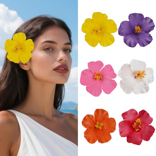 Hawaiian Flower Hair Clips - 6 Pcs Plumeria & Hibiscus 3.5"