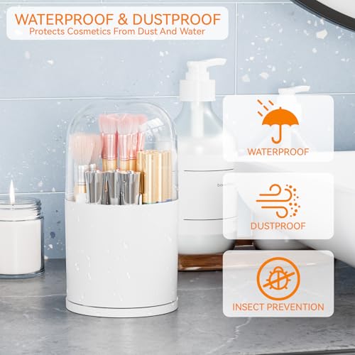 Yieach White Rotating Acrylic Makeup Brush Organizer with Lid, 6 Compartments, Vanity & Bathroom Storage
