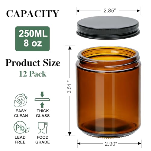 Encheng 8 oz Amber Glass Candle Jars with Black Metal Lids - 12 Pack