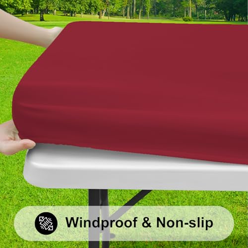 Smiry Elastic Fitted Vinyl Tablecloth for 6ft Folding Tables - Waterproof & Wipeable (Wine Red, 30"x72")