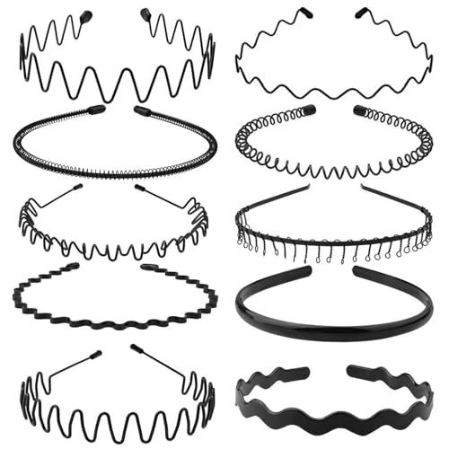 KELUBATU Metal Headband for Men, 10 Pcs Non-Slip Wave Hair Band - Black-C