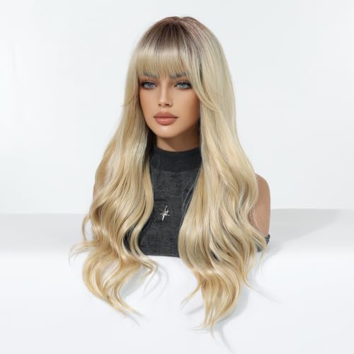 Osicapea Ombre Blonde Wigs with Bangs - 22 Inch Curly Heat-Resistant Synthetic Hair for Women, Cosplay & Daily Wear