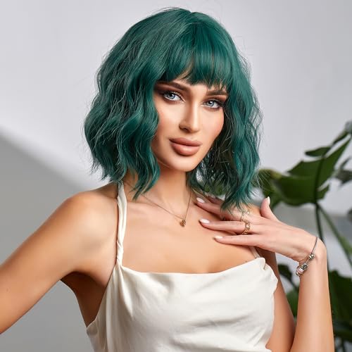 Green Short Curly Wig for Women - 12 Inch Bob with Bangs