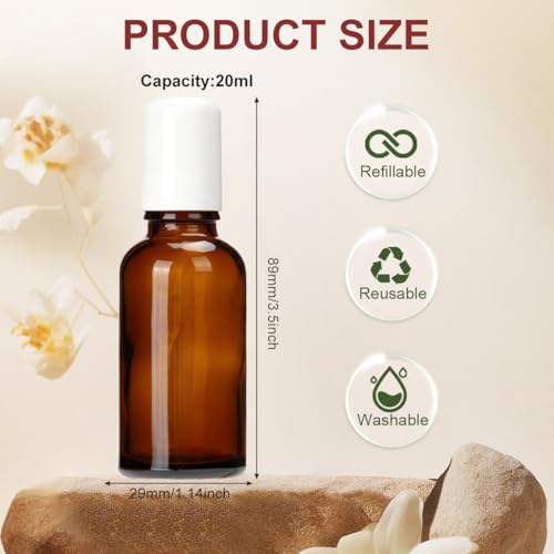 Erioctry 3 Pack 20ml Amber Glass Roller Bottles for Essential Oils & Perfumes