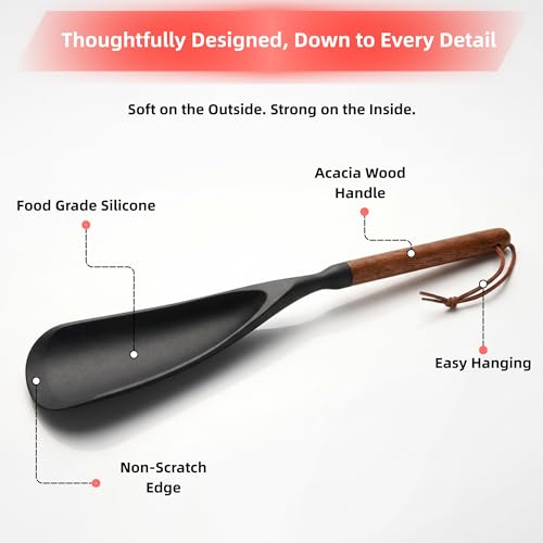 TOPAA 2-Pack Silicone Spoonula with Wooden Handle - BPA-Free, Heat Resistant Cooking Spoon for Nonstick Cookware