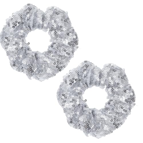 Silver Sequin Scrunchies - 2 Pack Sparkly Hair Ties for All Hair Types