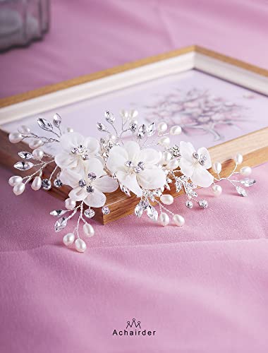 Achairder Bridal Wedding Hair Comb with Mesh Flowers and Rhinestones