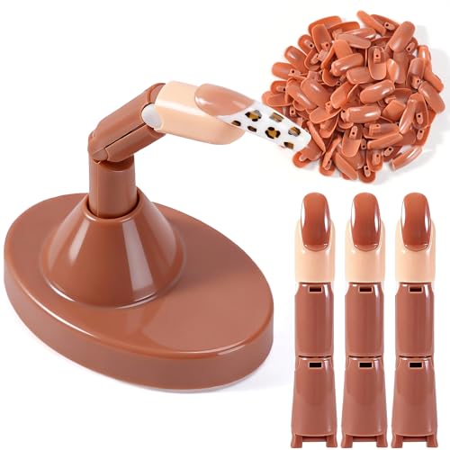 Difenni Brown Practice Finger Set for Acrylic Nails with Base Stand & 100 Nail Tips - Manicure Training Tool for Home & Salon