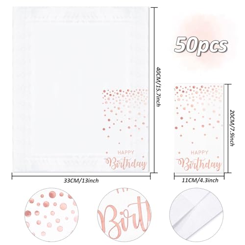 50 Pcs Rose Gold Foil Birthday Guest Napkins - Disposable Party Supplies