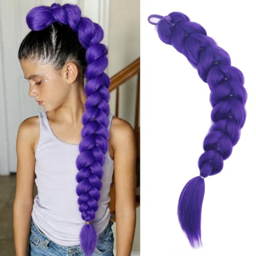 Purple Hair Extensions 24 Inch Braided Ponytail with Elastic Tie for Cosplay & Parties