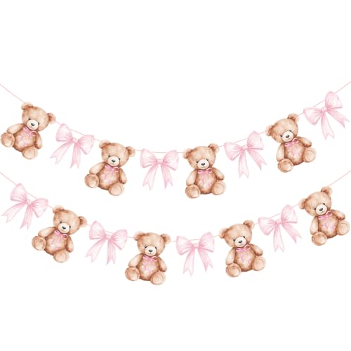 We Can Bearly Wait Teddy Bear Banner Set with Pink Bow - 2PCS Baby Shower Decorations