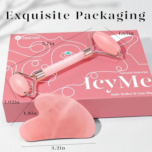 BAIMEI Facial Massage Set with Rose Quartz Roller & Jade Gua Sha - Skin Care Tools for Face & Neck