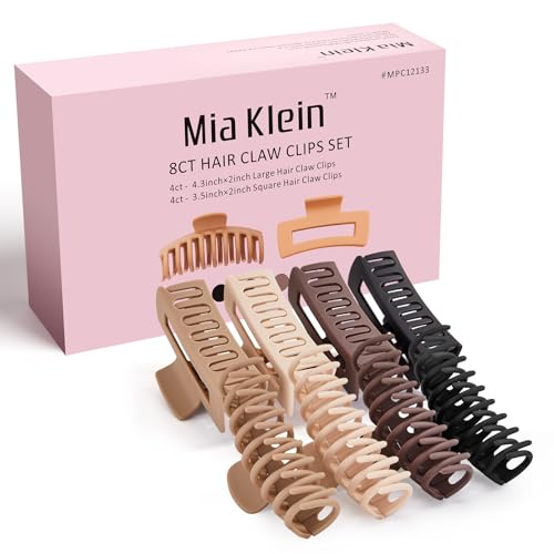 Mia Klein Non-Slip Hair Claw Clips Without Hairpin - 8 Pack, Matte Finish, Strong Hold