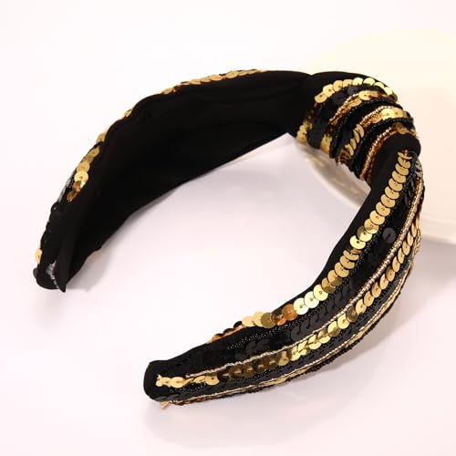 Game Day Knotted Headband Black Gold Sequin Seedbead Wide Top Knot Sports Fan Accessory