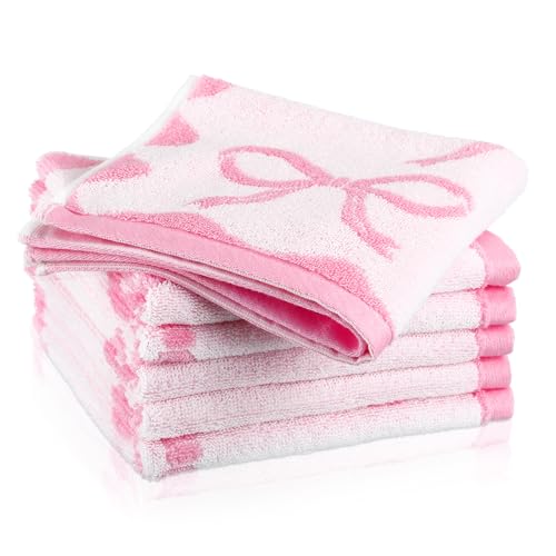 Coume 6 Pcs Pink Bow Washcloths - 100% Cotton, 13x13