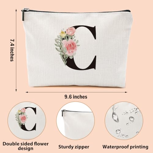 Roses C Personalized Makeup Bag with Initial Letter Monogram - Pink Linen Cosmetic Pouch