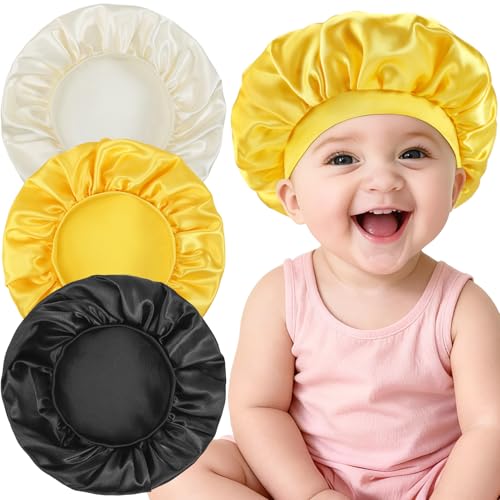PIEMEET 3-Pack Kids Satin Sleep Bonnet, 11-Inch Adjustable Hair Care Cap