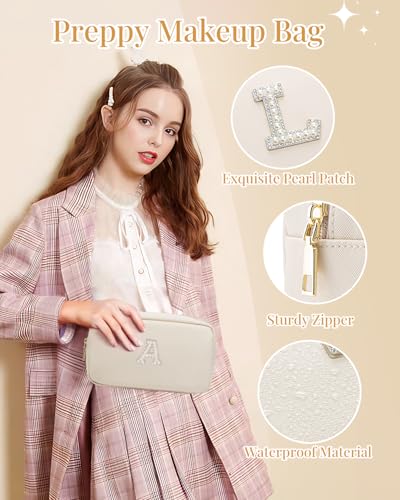 VLANDO Travel Makeup Bag with Pearl Monogram Patch - Beige S (White-S Variant)