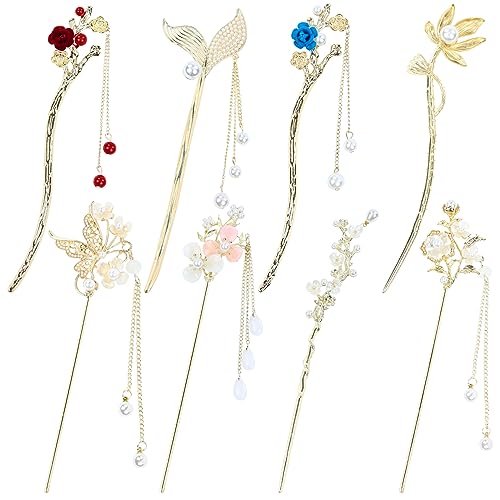 inSowni 8-Piece Vintage Gold Metal Hair Sticks with Flowers & Pearls for Women Girls - Traditional Chinese Style, Updo & Bun Holders, Model A