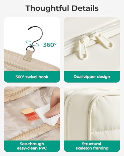 BAGSMART Puffy Hanging Toiletry Bag - Large Travel Makeup Organizer, Camel