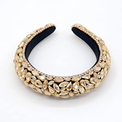 LEEMASING Gold Rhinestone Headband Bling Padded Baroque Hair Accessory for Weddings & Parties