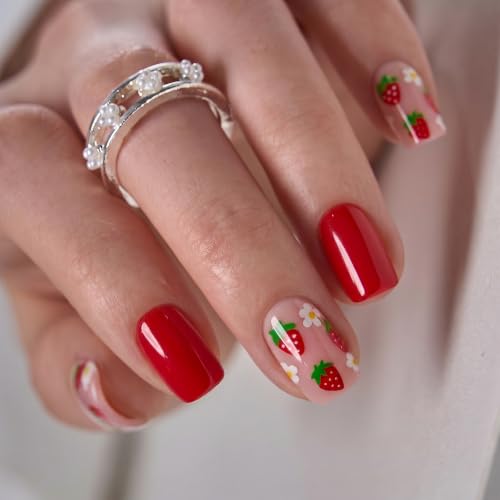 CurvLife Strawberry Kiss Short Square Press On Nails - 32PCS