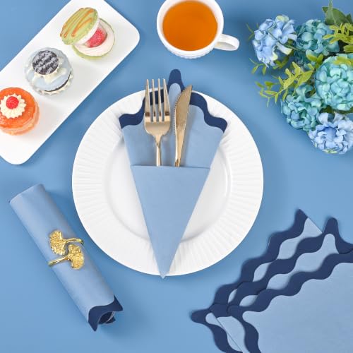 80 Pcs Blue Scalloped Cocktail Napkins - 6.5'' Wavy Edge Design for Parties