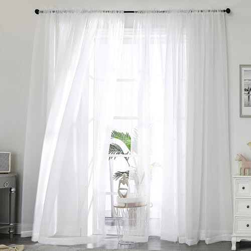 OWENIE Sheer White Curtains 84" Long, 2 Panel Set, 59" Wide Voile Drapes