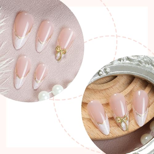 24pcs White French Tip Almond Press-On Nails with 3D Bow
