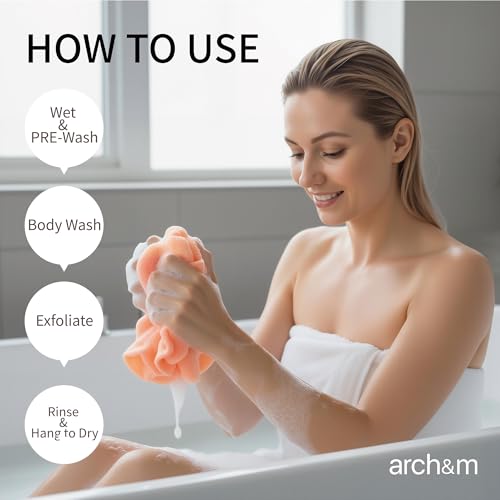 ARCH&M 3-Pack Japanese Exfoliating Shower Towels - Long Body Scrubbers in Red, Yellow, Blue
