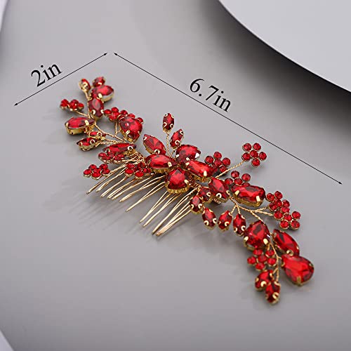 Chargances Handmade Red Crystal Gemstone Hair Comb Bridal Headpiece Wedding Accessory