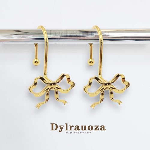 Gold Bow Shower Curtain Hooks - 12 Pack Rust Proof Rings for Elegant Bathroom Decor