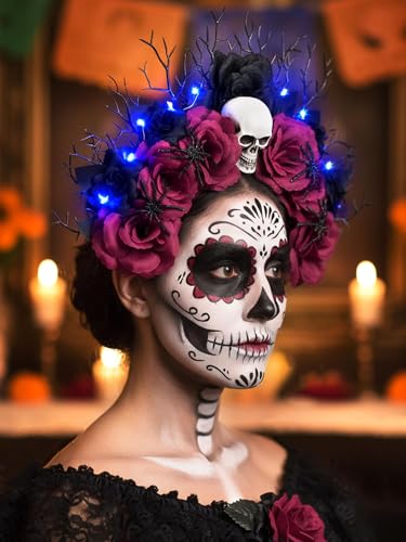 LED Light Up Rose Halo Crown Headband for Women - Gothic Skull Design