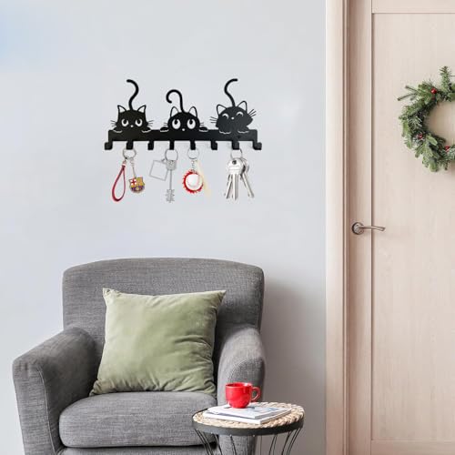 YXE Metal Key Holder Wall Mount with 8 Hooks - Cat Theme Organizer