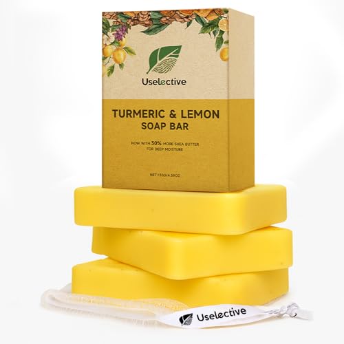 Uselective 3 Pack Lemon & Turmeric Soap Bar for Dark Spots - Kojic Acid & Shea Butter, SLS-Free