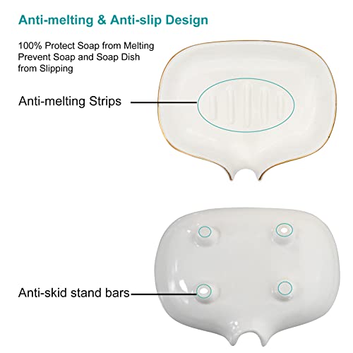 Ceramic Self-Draining Soap Dish with Gold Edge for Bathrooms & Kitchens