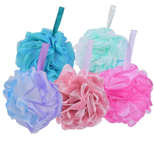 5 Pack Soft Mesh Shower Loofahs in Assorted Colors - Gentle Exfoliating Bath Sponge