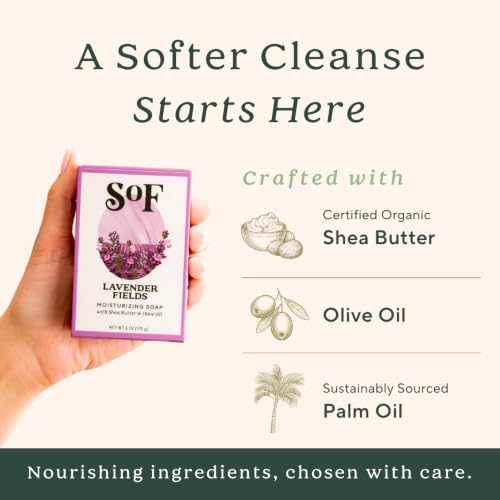 Lavender Fields Moisturizing Bar Soap Pack of 4 - Coconut Oil & Shea Butter - 6 oz Each - Vegan & Organic - SoF South Of France
