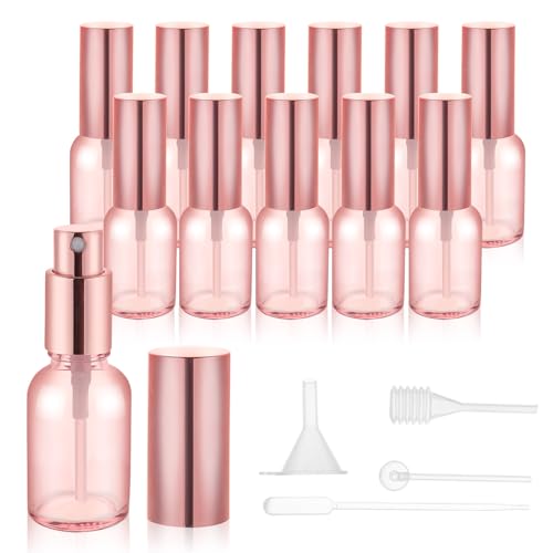 RAMFIYN 12 Pack 10ml Pink Glass Spray Bottles with Rose Gold Lid – Refillable Fine Mist Atomizers