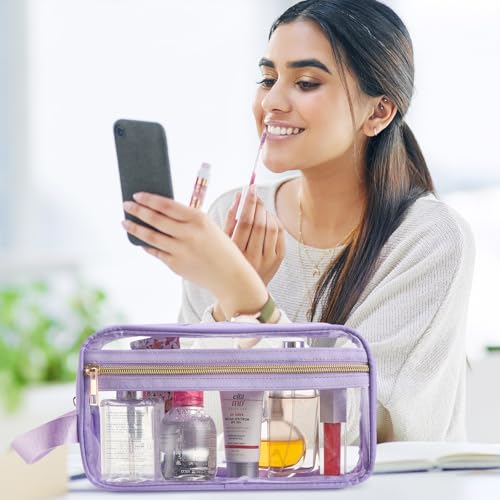 Pinkunn 3-Pack Clear Makeup Bags - TSA Approved Toiletry Bags (Blue, Purple, Pink)
