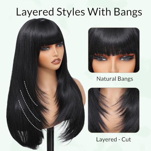 Black Synthetic Long Straight Wigs for Women with Bangs - 28 Inch, Realistic, Heat-Resistant Fiber, Adjustable Cap