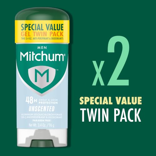 Mitchum Men’s Unscented Antiperspirant Gel 3.4oz Pack of 2 – 48HR Odor & Sweat Protection