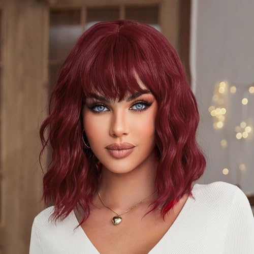 14 Inch Wine Red Short Wavy Wig with Bangs for Women - Synthetic Bob
